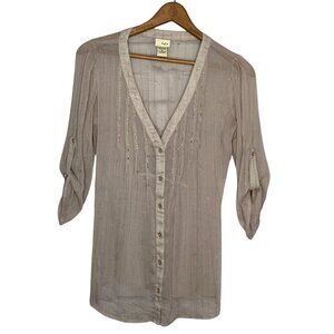 Daytrip Buckle Small S Beige Embellished Beaded Pintuck Roll-tab Button‎ Blouse